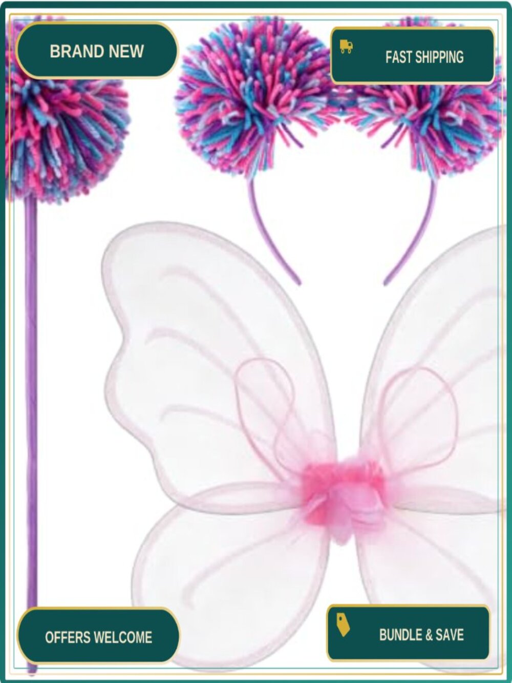 Fairy Butterfly Wings Costume Set 3 Pc Pom Pom Headband Wand Dress Up